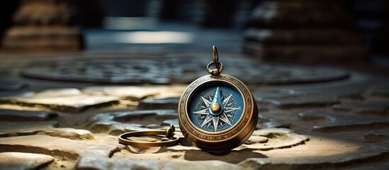 Old compass placed on a stone floor background with room for copy.