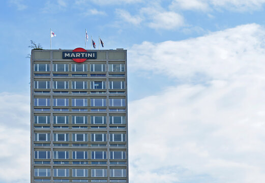 MILAN, ITALY &ndash; APRIL 15, 2023: Martini building with Terrazza Martini, a roof rop bar. Martini & Rossi is an Italian brand of alcoholic beverages primarily vermouth and sparkling wine