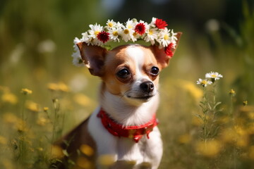 Cute chihuahua dog wearing wreath of flowers. Pet portrait outdoors
