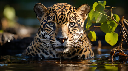 photo of jaguar on the banks of a river in brazil, brazilian feline in the amazon, wild