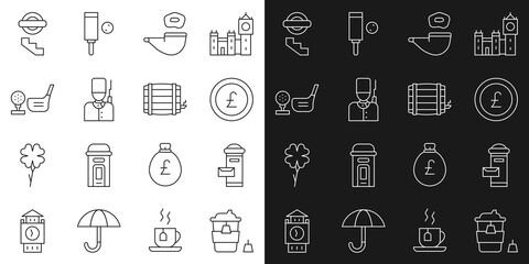Set line Coffee cup to go, London mail box, Coin money with pound, Smoking pipe, British soldier, Golf club ball tee, underground and Wooden barrel icon. Vector