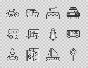 Set line Traffic cone, Road traffic signpost, Boat with oars, Broken road, Bicycle, Rv Camping trailer, Yacht sailboat and Bus icon. Vector