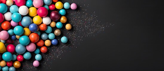 A horizontal banner with copy space featuring colorful candy balls on a gray and black paper