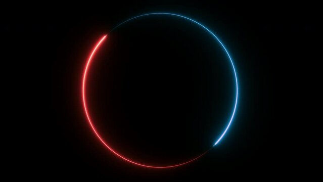 4K video animated change of circle light lighting. red blue light trail looping animated against on black background.	