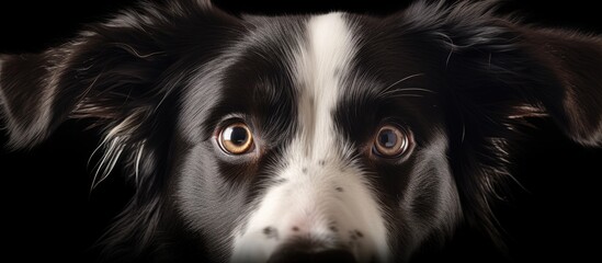 young Border Collie dog with wide eyes and a banner with copy space on the left side. also a