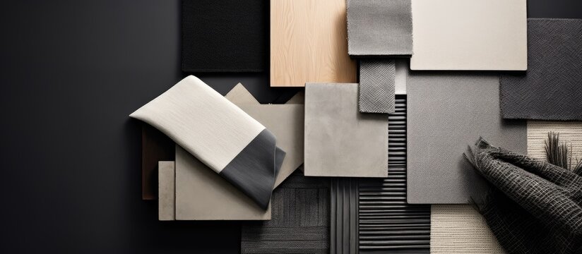 Flat lay composition in shades of grey and black with various textile and paint samples, lamella