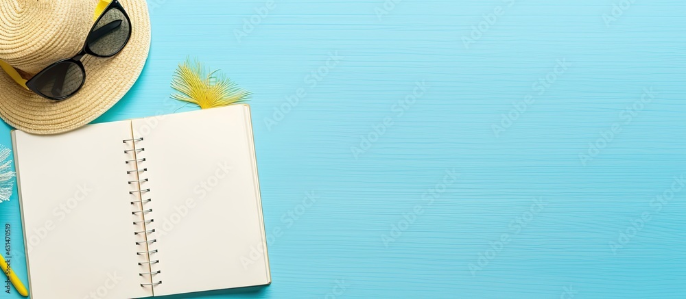 Poster a writing book with summer beach accessories is shown on a background with copy space, offering