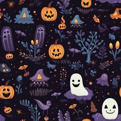 Fototapeta na wymiar Cute Cartoon Halloween Seamless Tiling Pattern Design. Colorful Backdrop Texture. Generative AI Illustration.