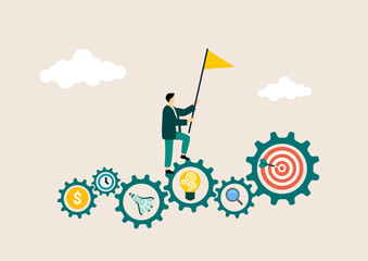 Business mentor helps to improve career, help and self development strategy flat style design business concept. vector illustration.	
