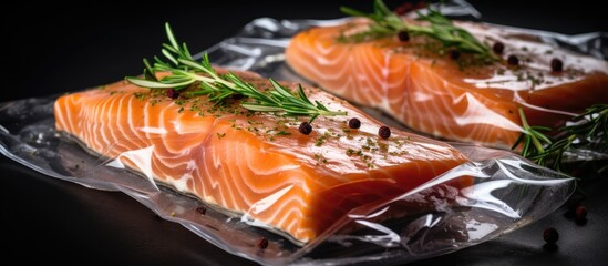 Salmon fillets packaged in a vacuum seal. A cooking method called sous-vide, which uses new - obrazy, fototapety, plakaty