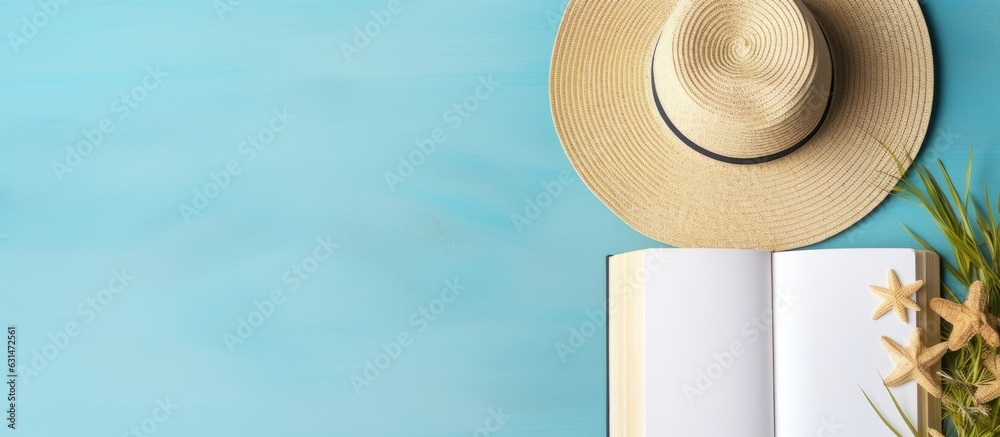 Poster a writing book with summer beach accessories on a background with copy space, perfect for a