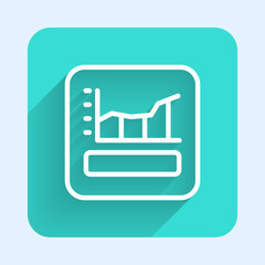 White line Graph, schedule, chart, diagram, infographic, pie graph icon isolated with long shadow. Green square button. Vector
