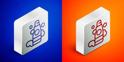 Isometric line Bottle of shampoo icon isolated on blue and orange background. Silver square button. Vector