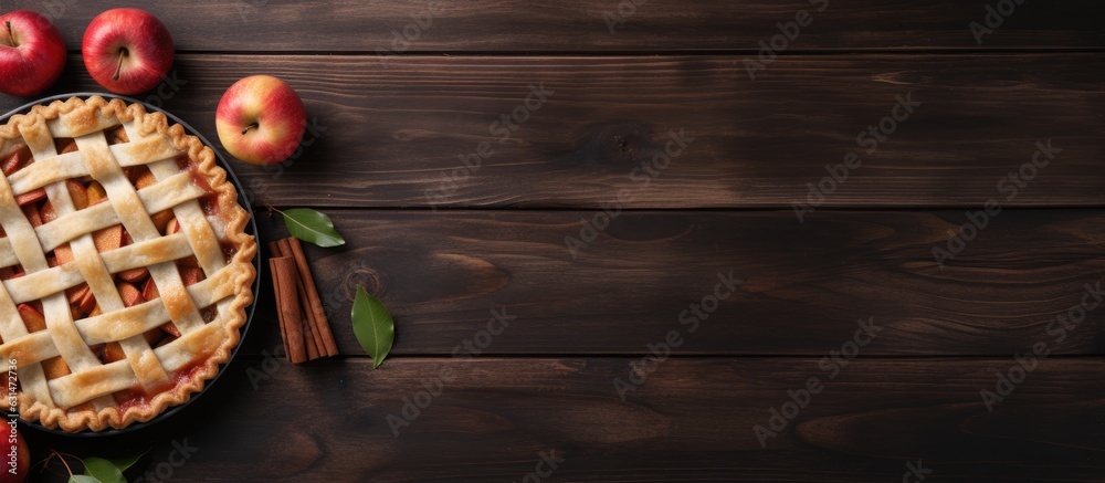 Aufkleber classic apple pie with space for text on a wooden table, arranged in a flat lay. perfect for