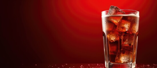 A glass of cola with ice, against a red background, provides a refreshing beverage option. With - obrazy, fototapety, plakaty