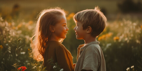 romantic scene of two little boy and girl standing looking each other. first love