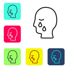 Black line Man graves funeral sorrow icon isolated on white background. The emotion of grief, sadness, sorrow, death. Set icons in color square buttons. Vector