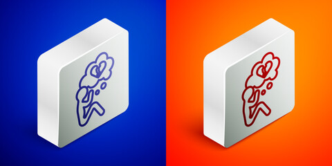 Isometric line Broken heart or divorce icon isolated on blue and orange background. Love symbol. Valentines day. Silver square button. Vector