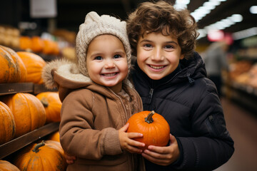 Fototapeta na wymiar Two children holding fresh pumpkin in grocery store. Child choosing fruits and vegetables in food shop. Kid buying food in grocery supermarket.