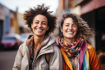 Fototapeta premium Happy cheerful lesbian couple walking together in the city. Female gay couple dressed in colourful rainbow clothes. Homosexuality, same-sex marriage and love concept.