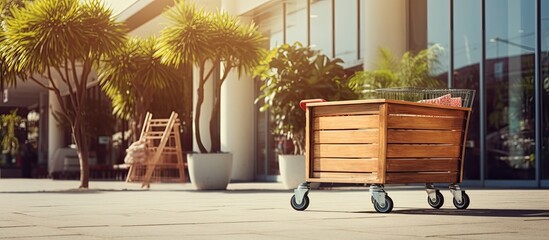A vintage wooden cart is seen in front of a supermarket at a department store. The background