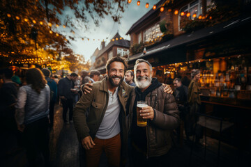 Two cheerful male friends with glasses of fresh beer by a wooden table in traditional German bar on autumn day. Drinking alcoholic beverage outdoors. Oktoberfest celebration.