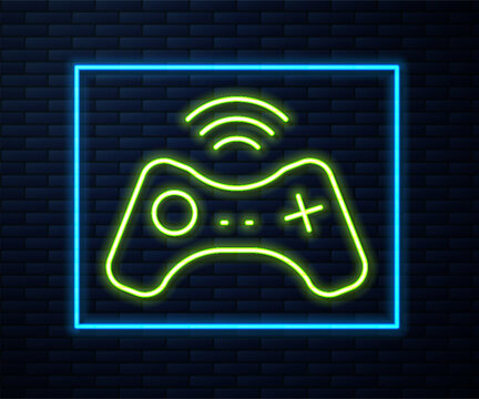 Glowing neon line Wireless gamepad icon isolated on brick wall background. Game controller. Vector