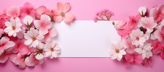 Fototapeta na wymiar The greeting card has a flat lay with a pink background and pink flowers, creating a pattern.