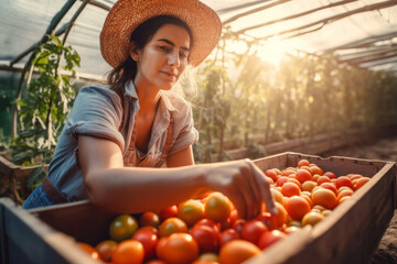 Young female gardener sorting ripe harvested tomatoes in the greenhouse. Farmer with a bunch of self-grown goods. Growing own herbs and vegetables in a homestead.