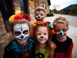 Group of children dressed up for Halloween, ready to go Trick or treating. Pumpkins, and decorations setting a true mood. Shallow field of view.