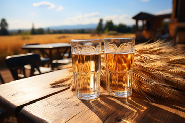 Two glasses of fresh beer on a wooden table on sunny summer day. Beer on a background of wheat field. Drinking alcoholic beverage outdoors.