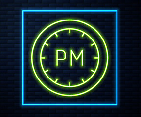 Glowing neon line Day time icon isolated on brick wall background. Time symbol. Vector