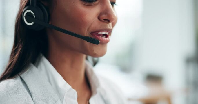 Customer service headset, mouth and happy woman consulting in telemarketing, telecom or help desk advice. Insurance agent consultation, closeup face and female consultant talking in call center chat