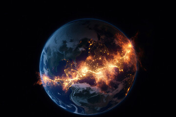 The earth destructs with fire caused by climate change global warming, space view as the earth explodes, burns