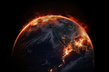 The earth bursts with fire as global warming causes the climate to change, space view of the world...