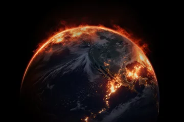 Fotobehang The earth bursts with fire as global warming causes the climate to change, space view of the world burning © Nick