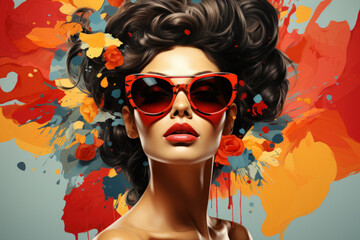 Vibrant pop art portrait of beautiful woman wearing colourful clothes on bold vivid background. Modern fashion trends.