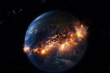 The earths core burst with fire due to global warming climate change, view from space of world on...