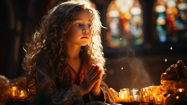 Beautiful Christian child praying over candles in church. Little kid worship with her hands folded. Believer in Christ.