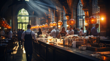 Blurred fancy restaurant background with some people eating and waiters serving food.