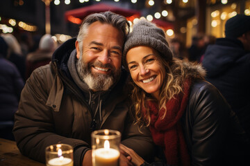 Beautiful couple having wonderful time on traditional Christmas market on winter evening. Woman and man enjoying themselves in Christmas town decorated with lights.