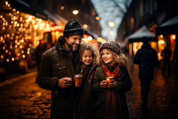 Father and two children having wonderful time on traditional Christmas market on winter evening....
