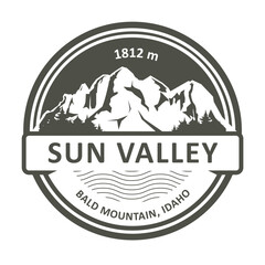 Stamp of Sun Valley in Idaho state, emblem with Bald Mountain peak, ski resort, vector