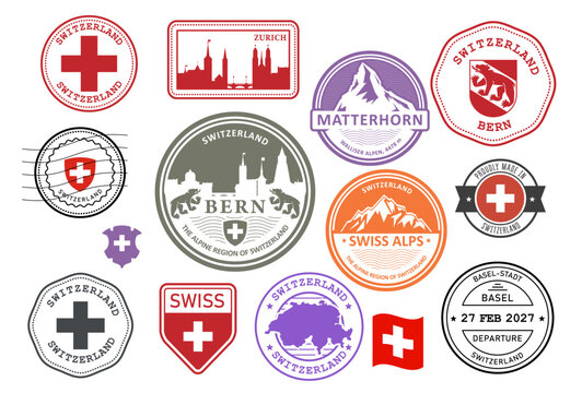 Switzerland and Alps rubber stamp set, swiss cities badges, labels and symbols, emblems and flags, vector