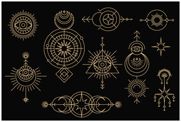 Set of mystical magic symbols, occult tarot signs and spiritual emblems with sun, moon and stars, all-seeing eye, tribal marks, vector - obrazy, fototapety, plakaty