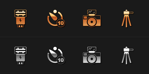 Set Photo camera flash, Camera timer, with and Tripod icon. Vector