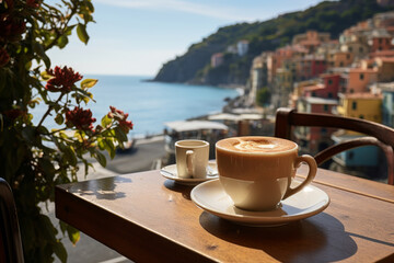 A cup of coffee on a table of outdoor restaurant in small seaside town in Italy. Having breakfast coffee in Italian scenery on sunny summer morning. - Powered by Adobe