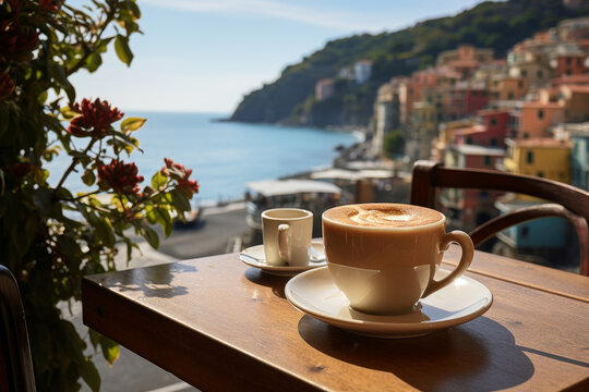 Fototapeta A cup of coffee on a table of outdoor restaurant in small seaside town in Italy. Having breakfast coffee in Italian scenery on sunny summer morning.