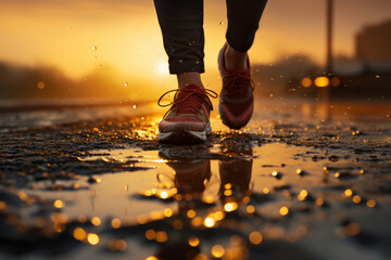 Close up on legs of a woman running on sunny morning after the rain. Runners legs on a sunrise.