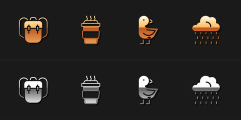 Set School backpack, Coffee cup to go, Little chick and Cloud with rain icon. Vector